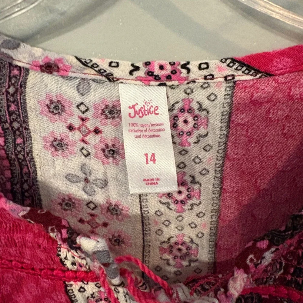 Justice Pink Paisley Colorblock Tassel Boho Peasant Top Blouse (Girls 14)‎